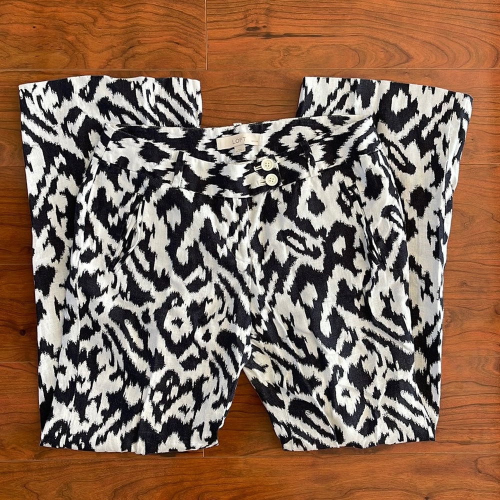COPY - LOFT Blue and White Animal Print 100% Linen Mid Rise Straight Leg Pants